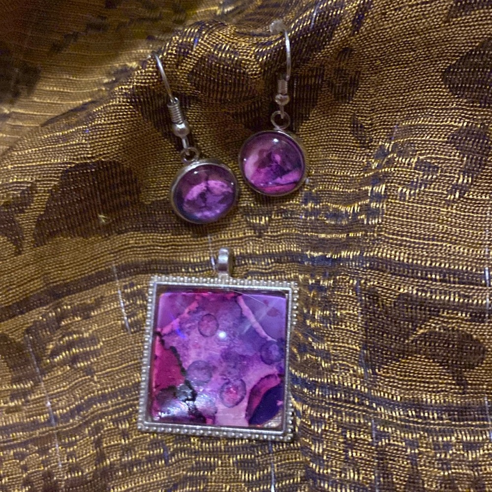 Original Alcohol Ink Art in Silvertone Settings under domed glass Jewelry Set